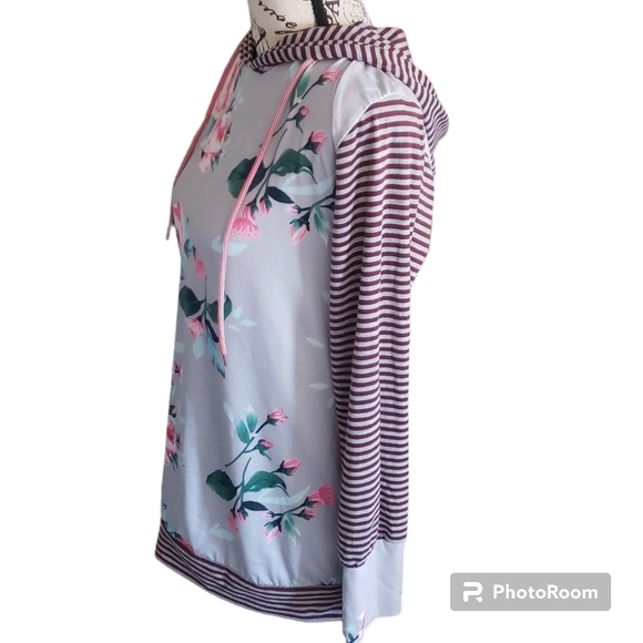 Unbranded long sleeve hoodie floral baseball tee striped drawstring size Small - Picture 3 of 5